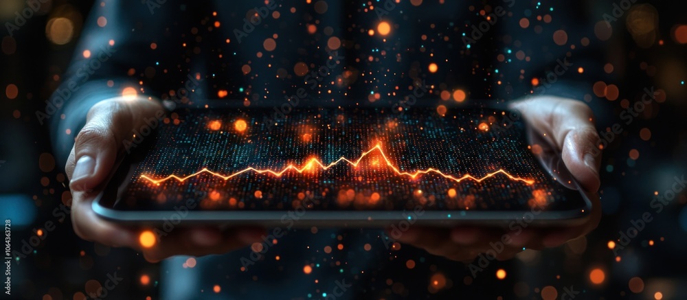Poster Hands Holding a Tablet Displaying a Glowing Line Graph