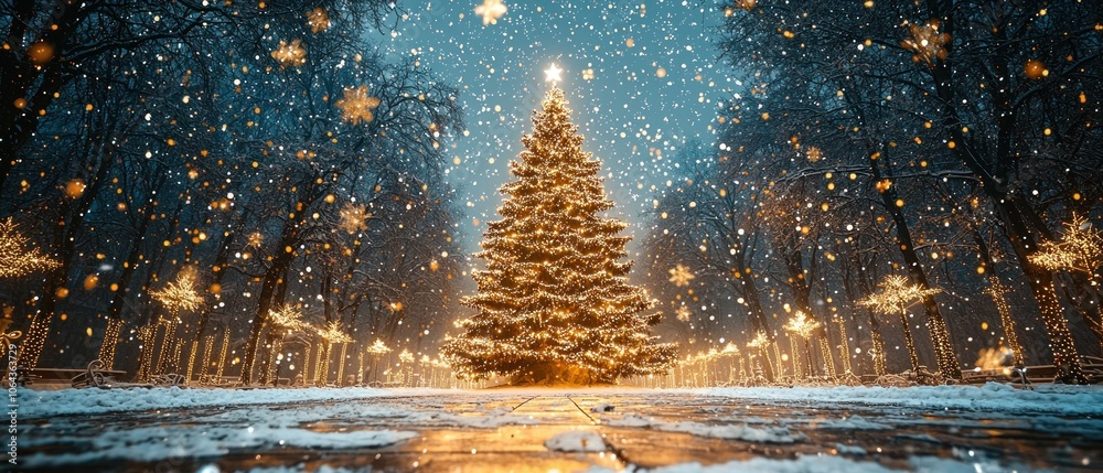 Poster Snowy Night with a Decorated Christmas Tree in a Tree-Lined Path