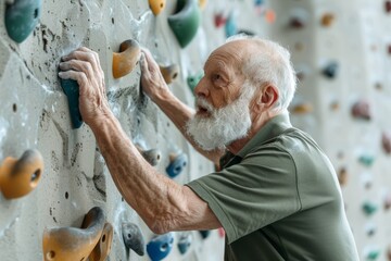 Resilient Senior Man Overcoming Obstacles on Indoor Rock Climbing Wall - Active Aging and Perseverance Concept