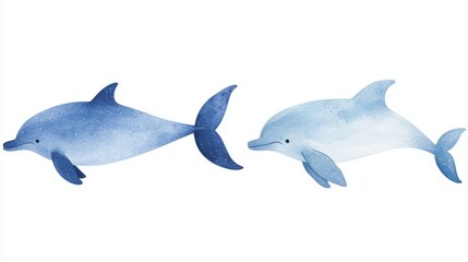 Fototapeta premium Two playful dolphins illustrated in soft blue watercolor, showcasing their gracefulness and charm in a serene aquatic setting