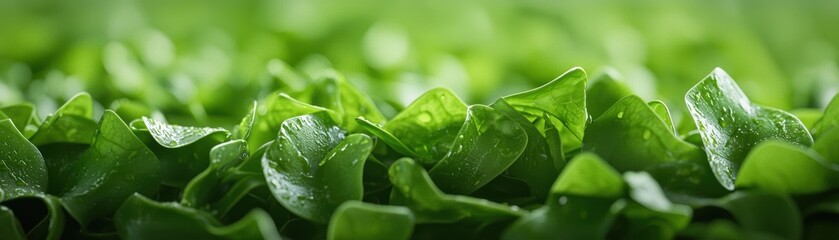 Obraz premium Close-up of fresh green lettuce leaves with water droplets, showcasing vibrant textures and healthy greenery.