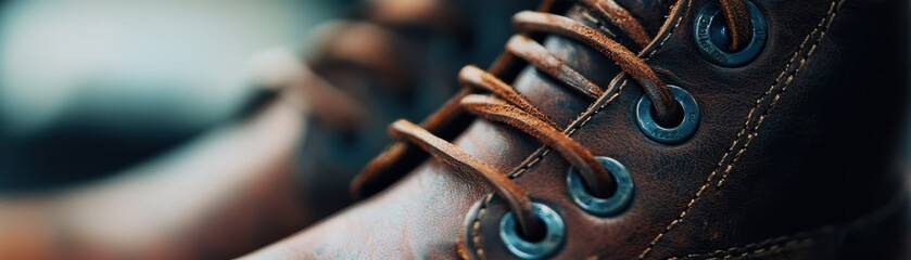 Close-up of elegant brown leather boots with intricate lacing and a stylish design atop a blurred background.