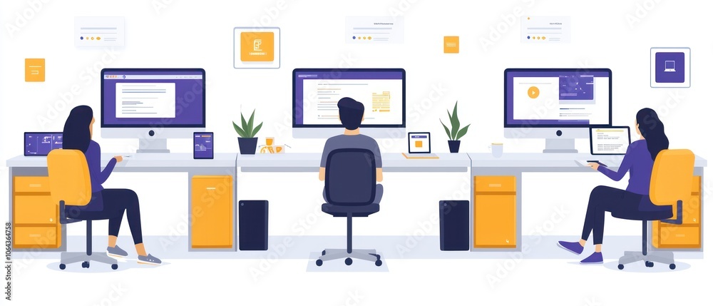 Aufkleber Three People Working at a Modern Office Desk with Computers