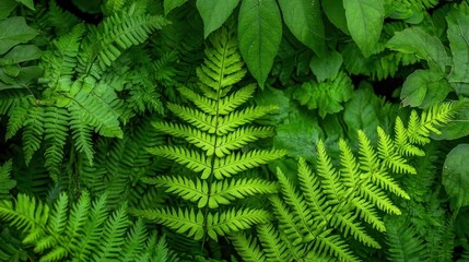 Fototapeta premium Detailed shot of wild fern textures, intricate fronds, deep forest green, natural setting