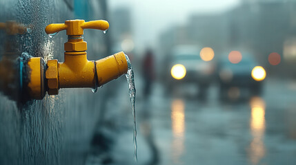 running tap with water dripping, set against backdrop of busy city street. scene captures contrast between flowing water and blurred motion of vehicles, evoking sense of urban life