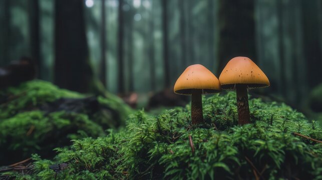 Detailed closeup of mushroom cap texture, wild earthy tones, deep forest ambiance