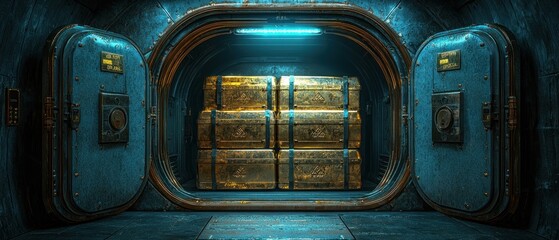Stack of Gold Bars Behind Open Vault Doors in an Industrial Setting