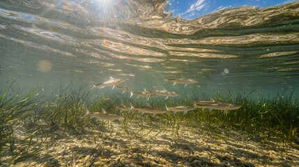 A school of fish swim through clear, shallow water over a bed of seagrass.