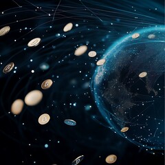Obraz premium Digital coins orbiting the Earth, representing global cryptocurrency usage.
