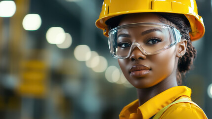 woman wearing yellow hard hat and safety goggles in mining environment, showcasing confidence and professionalism