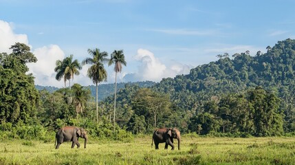 Two elephants walk in a field with palm trees and a lush green mountain range in the background.