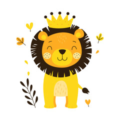 Adorable Lion Leo Animal Cartoon Character Wearing King Crown in the Jungle with Happy Expression