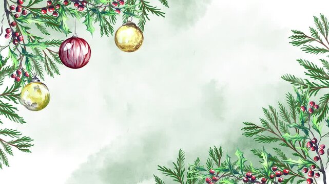 Watercolor Christmas border background animated watercolor fir branches, space for text. Screensaver for greeting cards, Christmas balls and decorations, holly plant botanical New Year floral frame.