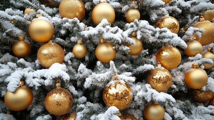 Obraz premium Golden Ornaments on Snowy Christmas Tree