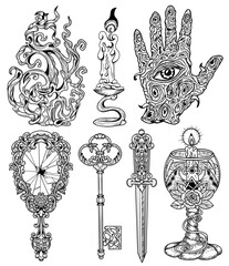 Hand drawn design set with engraved mystic and gothic objects - mirror, key, candle, cup, scary hand, sword. Hand drawn vector graphic illustrations for Halloween with esoteric and occult symbols