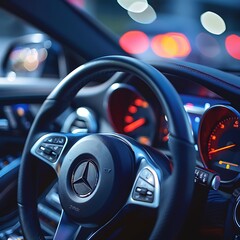 Close up view of the steering wheel and dashboard of a modern car.