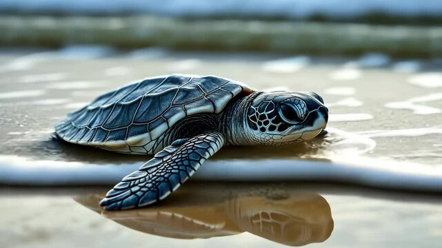 baby sea turtle on sand beach with bokeh light	
