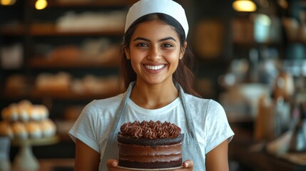 A young Indian woman with a bright smile, wearing a white T-shirt, a gray apron and a white baker's cap, joyfully holds a chocolate cake in her hands in bakery
