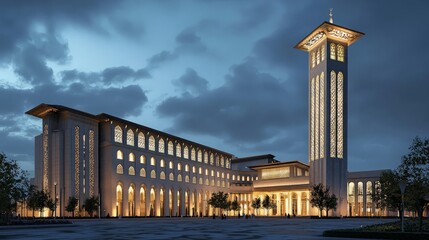 Obraz premium A grand mosque with a tall minaret lit up at night, with people walking in front of it.