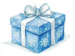 cozy watercolor style holiday present box with blue design and snowflakes, perfect for festive celebrations
