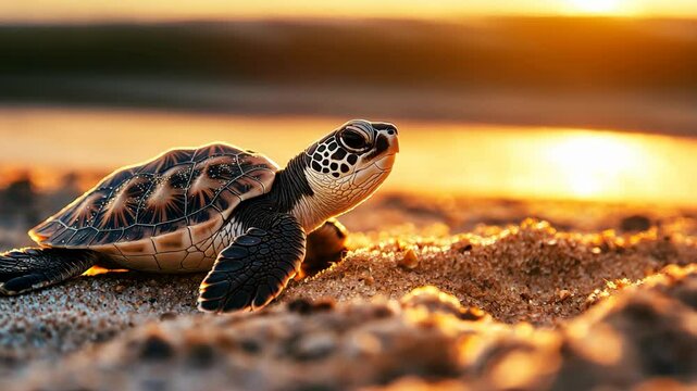 baby sea turtle on sand beach with bokeh light	

