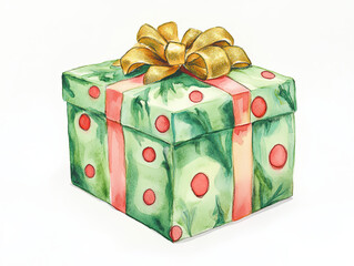 colorful watercolor style holiday present box with golden bow, decorated with festive patterns and dots, perfect for celebrations