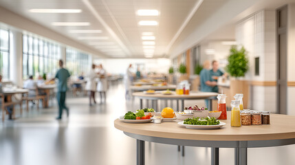 a hospital cafeteria with tables and healthy food options, capturing the lively atmosphere with a blurred background of patients and staff enjoying meals, Inter.