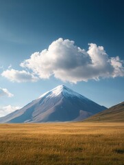Majestic mountain under a blue sky with fluffy clouds and golden grassland in the foreground.