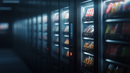 Modern vending machines filled with snacks and beverages in a dimly lit hallway.
