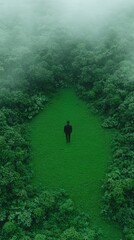 Obraz premium Man Walking in Foggy Forest Nature Green Landscape Tranquil Scenery Path Through Trees