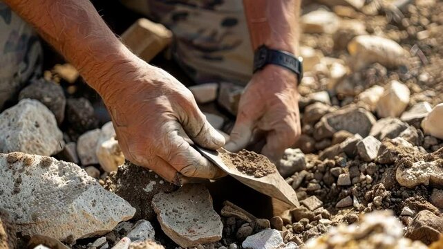 A the rubble and construction materials the archaeologists uncover ancient pottery fragments that offer clues to the past.