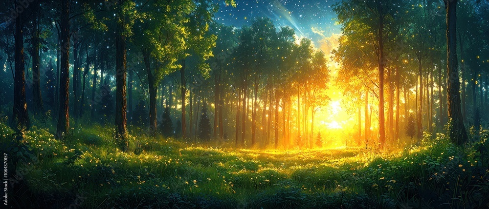 Poster a sunlit forest path with glowing lights and trees