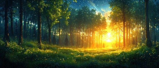 Obraz premium A Sunlit Forest Path With Glowing Lights and Trees