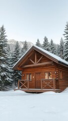 Cozy wooden cabin nestled in snowy mountains surrounded by pine trees, alpine