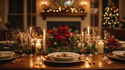 A cozy family gathering around a beautifully decorated dining table, candles flickering, festive centerpieces, and laughter echoing as everyone shares stories
