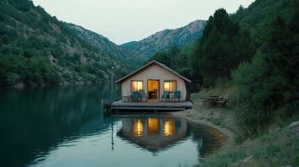 Fototapeta premium Cabin on Lake in Mountain Landscape Scenic Wilderness Retreat Nature Vacation Remote Ge