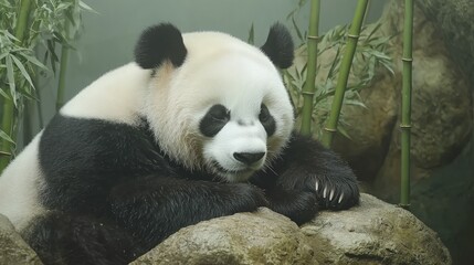 Obraz premium A Giant Panda resting on a rock with bamboo in the background.