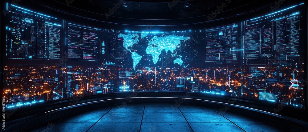 Aufkleber futuristic control room with a world map and city lights displayed on screens