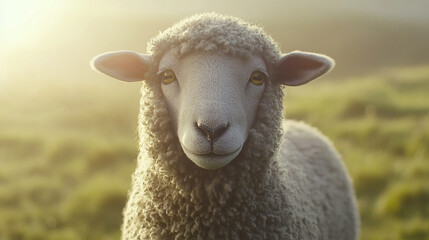 Naklejka premium Close-up of a sheep with soft wool standing on green grass