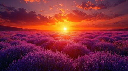Sunset over a Field of Lavender Flowers