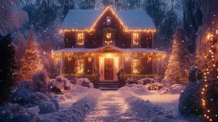 A festive outdoor scene with a charming house illuminated by bright holiday lights, wreaths on the doors, and snow gently falling, creating a winter wonderland