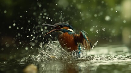 Female kingfisher soaring from water with spread wings after unsuccessful dive for fish, capturing the beauty of vibrant blue and orange feathers and the dynamic motion of a majestic bird in its natur