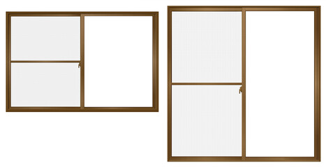 ブラウンの引き違い窓　網戸　2種類セット