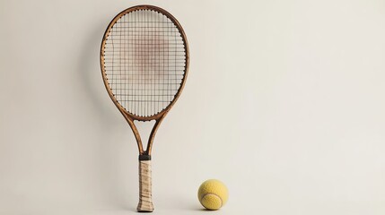 Vintage Tennis Racket and Ball on Neutral Background