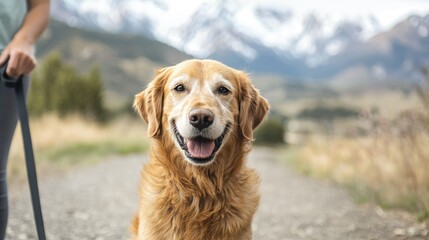 Obraz premium A joyful golden retriever enjoys a scenic walk in the mountains with its owner