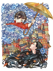 Romantic colorful illustration with loving couple - girl with long hair and boy holding umbrella against the background of old town, nasty weather and stormy clouds. I love you concept