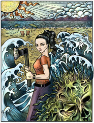 Hand drawn cartoon illustration with zombie apocalypse concept for horror book cover. Beautiful girl with axe fighting undead zombie monster against seashore landscape background. 