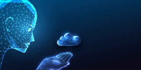 AI in cloud computing concept with robotic head holding cloud symbol on dark blue background. 