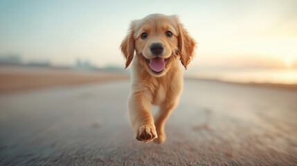 Happy Golden Retriever Puppy Running on Beach at Sunset