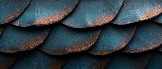 Obraz premium Textured surface with overlapping scales in shades of blue and copper, suitable for backgrounds and design projects.